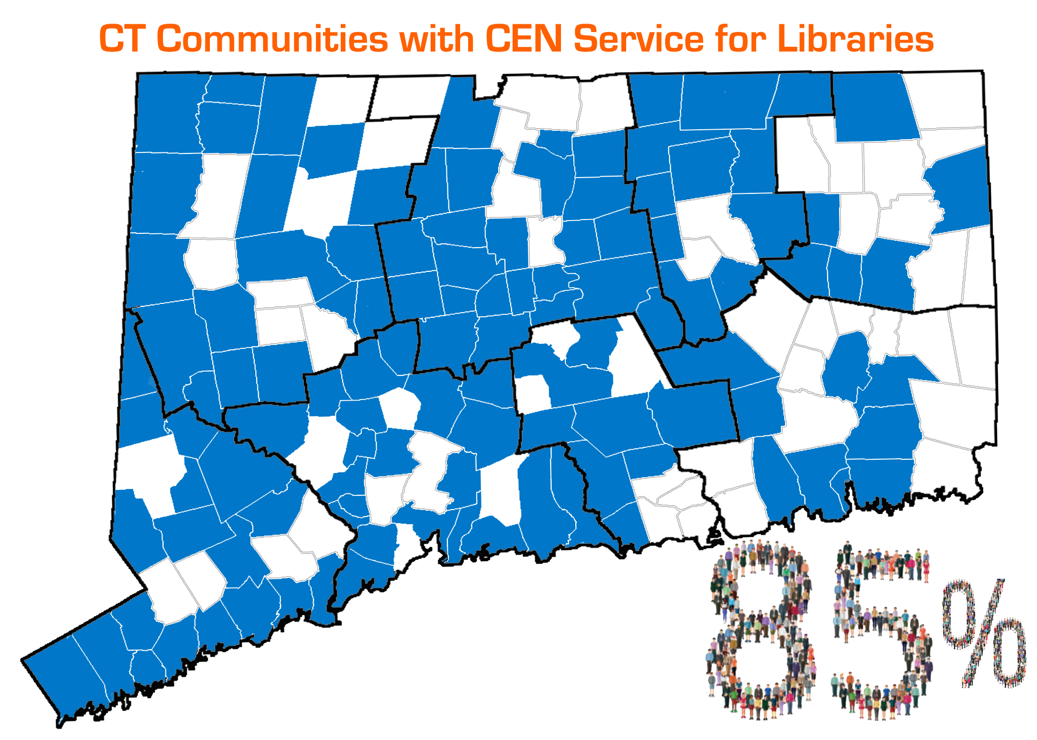 Map of CT partially shaded blue, above map reads: CT Communities with CEN Service for Libraries, below map reads: 85%