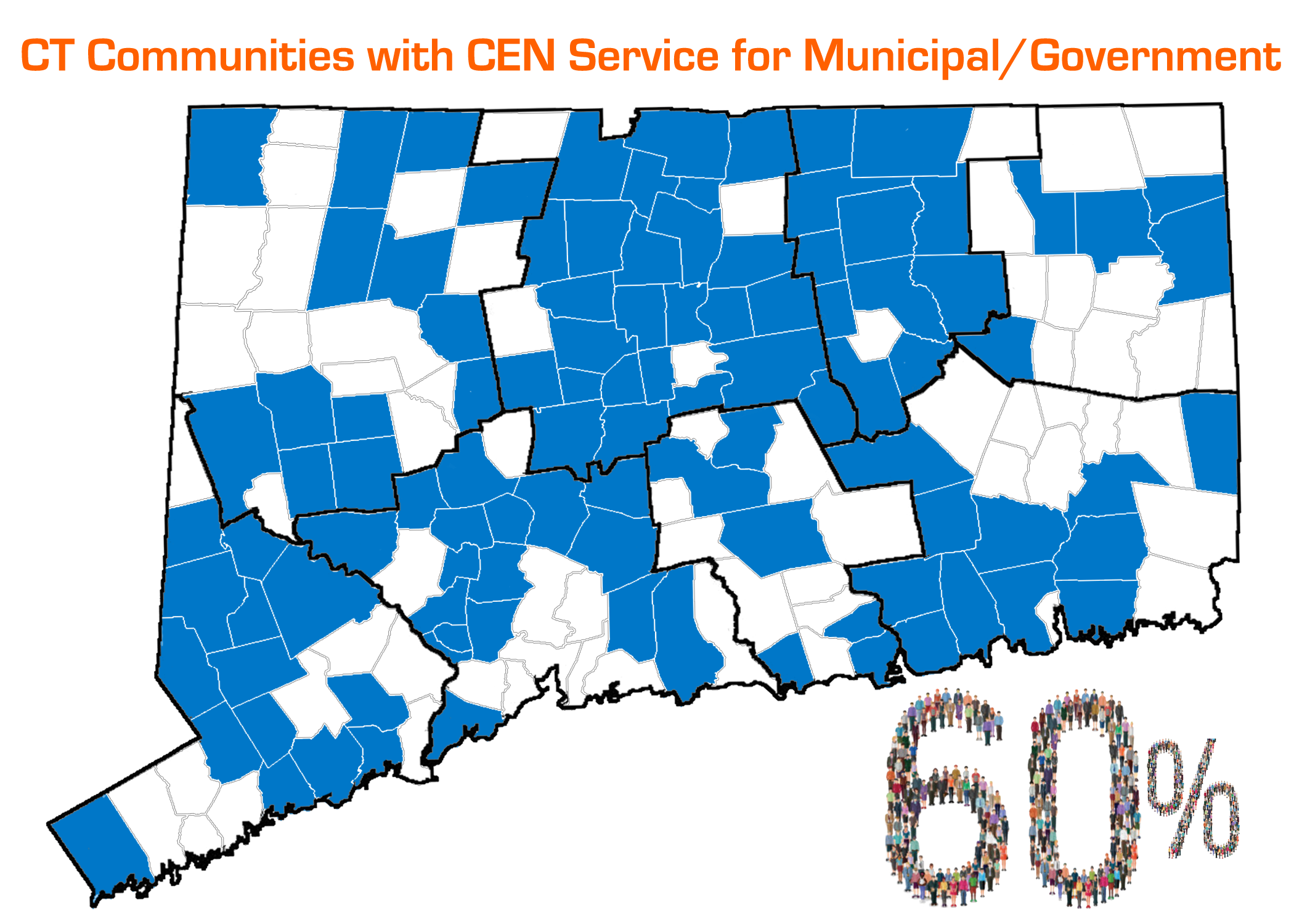 Map of CT partially shaded blue, above map reads: CT Communities with CEN Service for Municipal/Government, below map reads: 60%